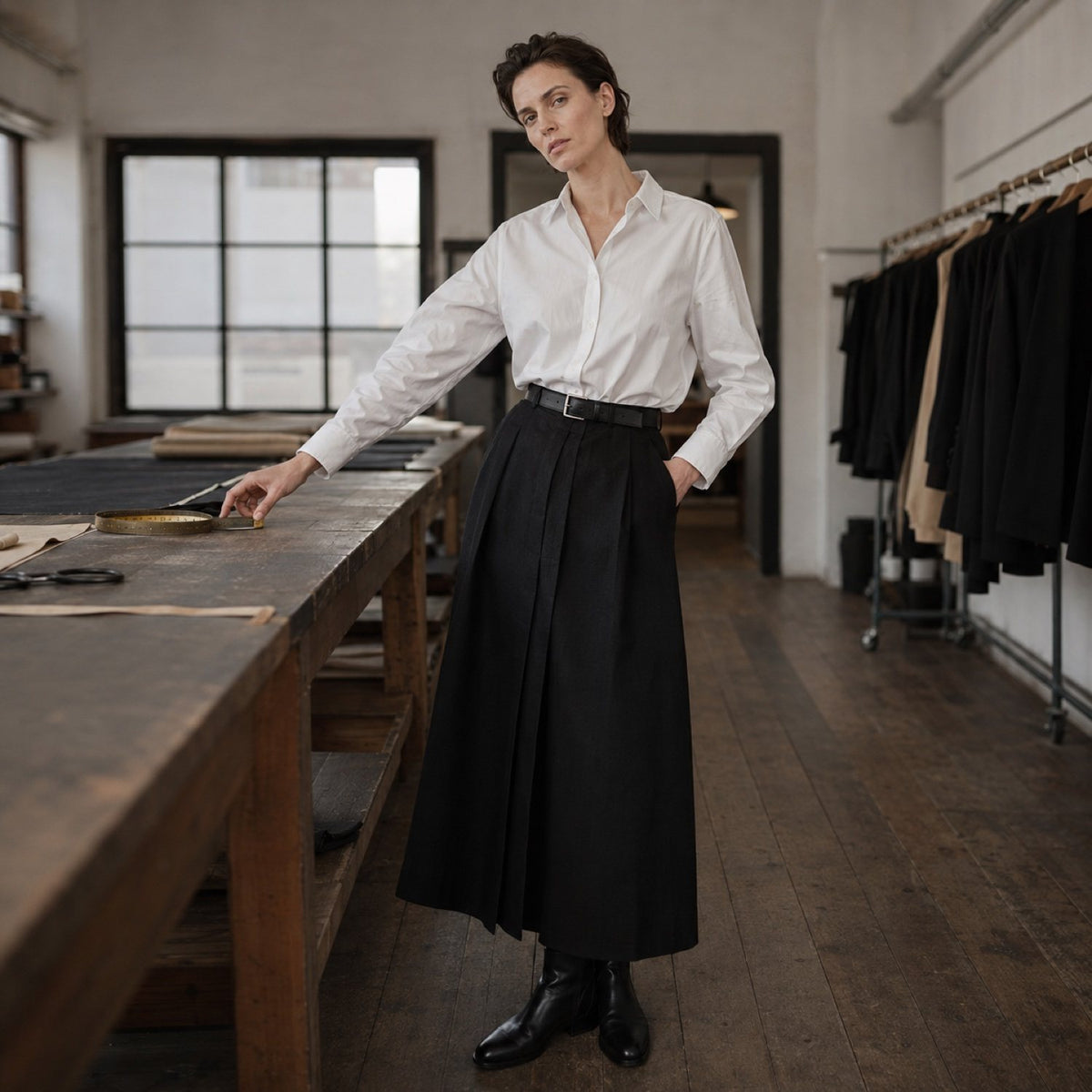 Pimlico box-pleated wrap skirt — Tailored Skirts by CROWN TAILORING. shown on the model from the side.