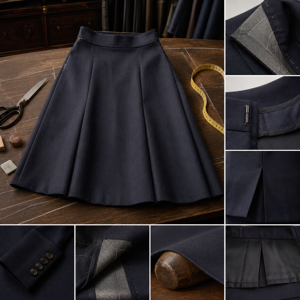 Ashdown A-line midi skirt — Tailored Skirts by CROWN TAILORING. close detail of the fabric and finish.