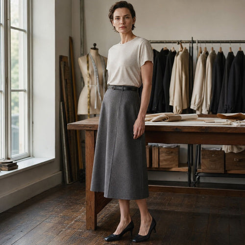 Ashdown A-line midi skirt — Tailored Skirts by CROWN TAILORING. shown worn.