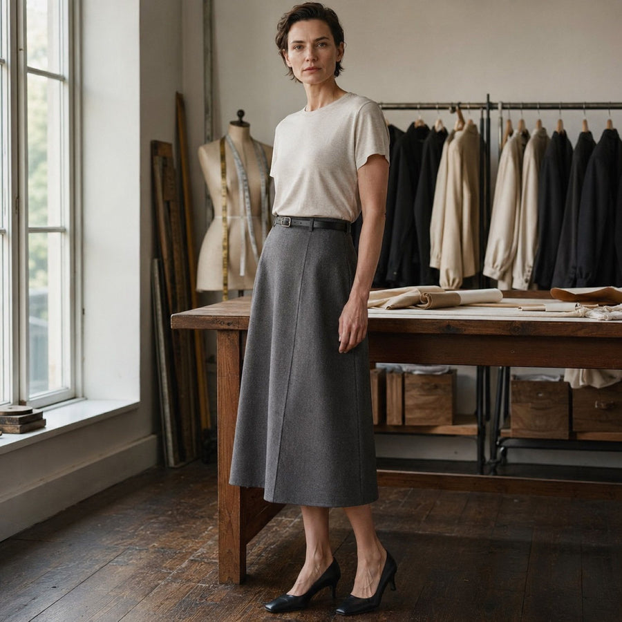 Ashdown A-line midi skirt — Tailored Skirts by CROWN TAILORING. shown worn.