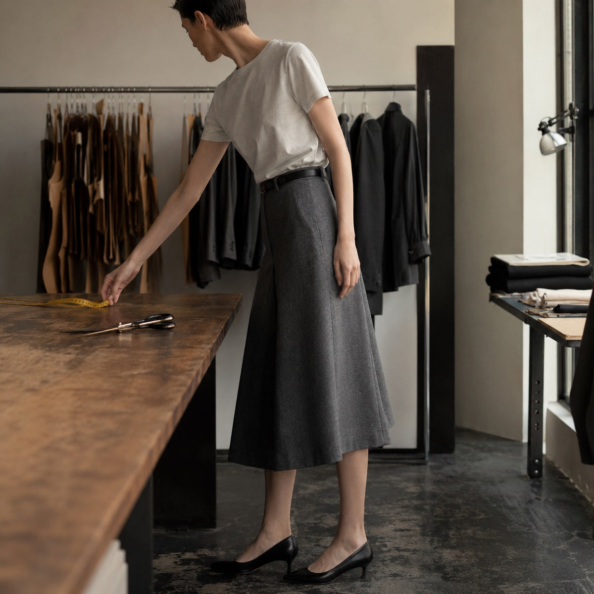 Ashdown A-line midi skirt — Tailored Skirts by CROWN TAILORING. shown on the model from the side.