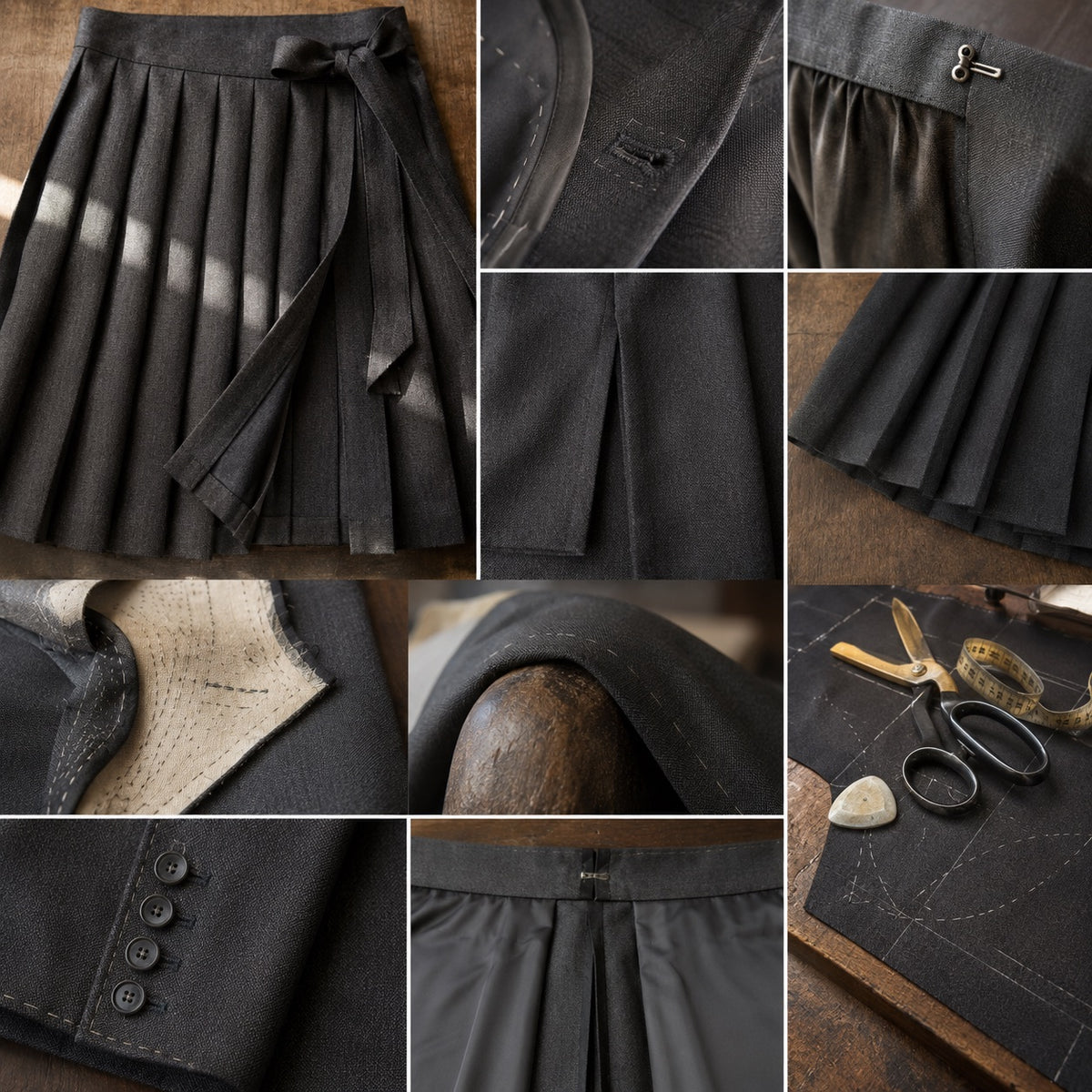 Clerkenwell box-pleated wrap skirt — Tailored Skirts by CROWN TAILORING. close detail of the fabric and finish.