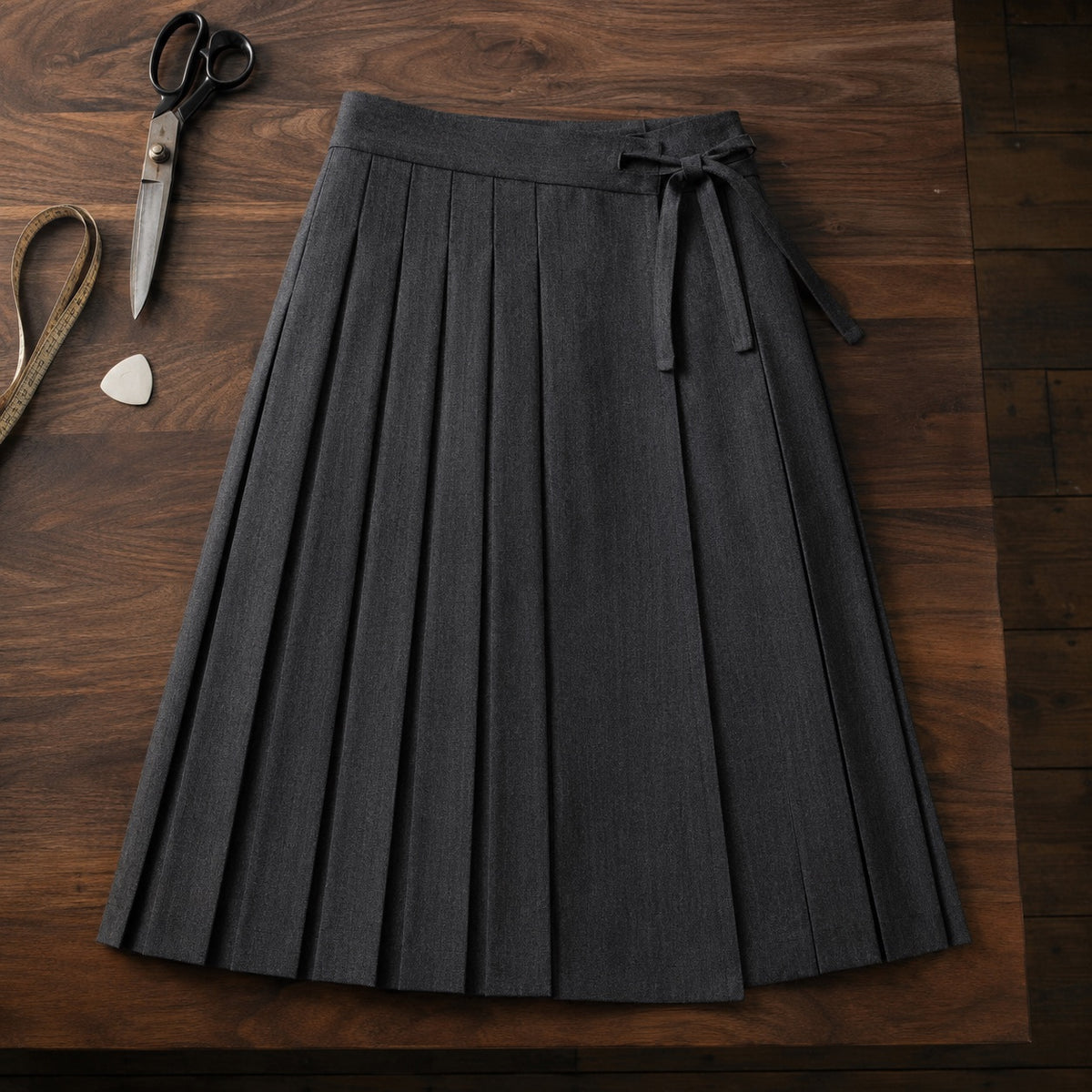 Clerkenwell box-pleated wrap skirt — Tailored Skirts by CROWN TAILORING. flat lay, front.