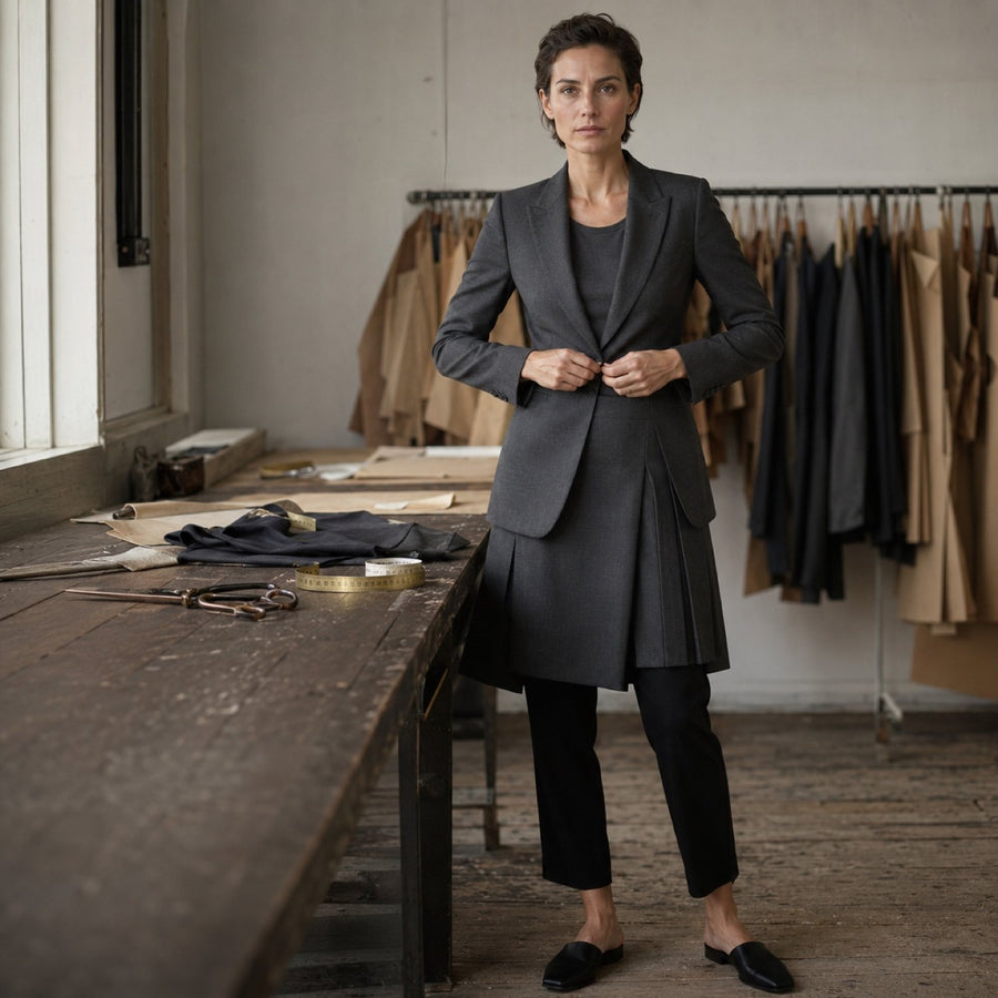 Clerkenwell box-pleated wrap skirt — Tailored Skirts by CROWN TAILORING. shown worn.