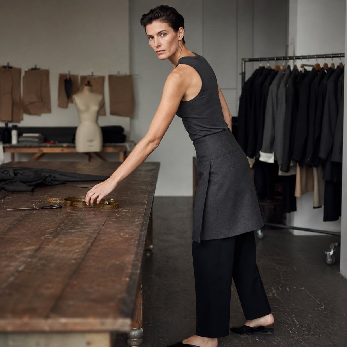 Clerkenwell box-pleated wrap skirt — Tailored Skirts by CROWN TAILORING. shown on the model from the side.