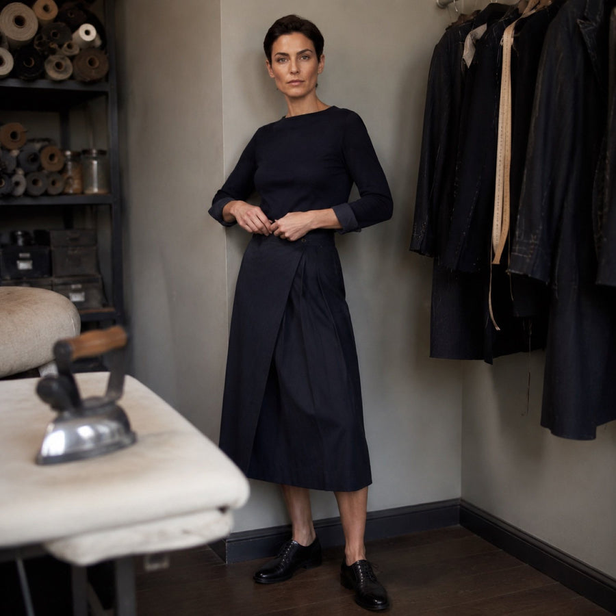 Bloomsbury box-pleated wrap skirt — Tailored Skirts by CROWN TAILORING. shown worn.