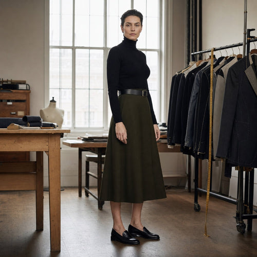 Dartmoor A-line midi skirt — Tailored Skirts by CROWN TAILORING. shown worn.