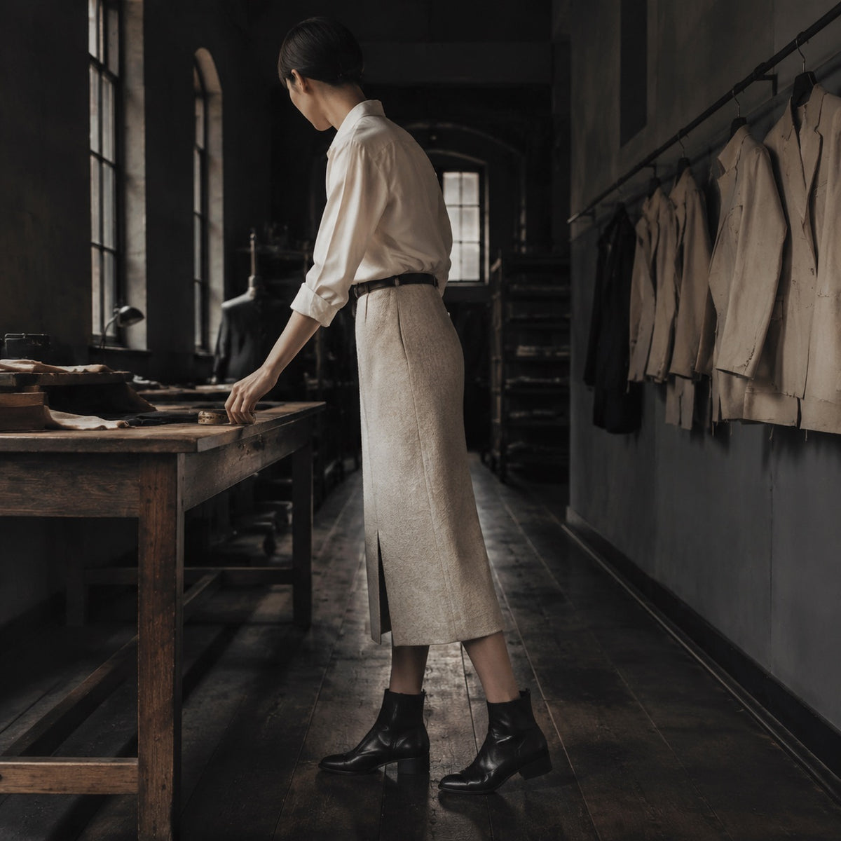Fitzrovia pencil skirt — Tailored Skirts by CROWN TAILORING. shown on the model from the side.
