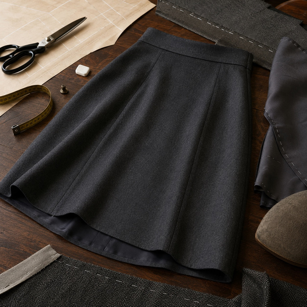 Holborn A-line midi skirt — Tailored Skirts by CROWN TAILORING. close detail of the fabric and finish.