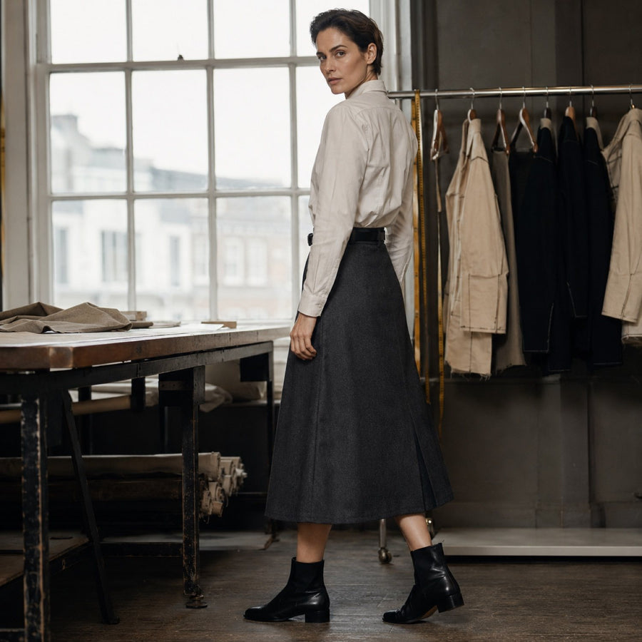 Holborn A-line midi skirt — Tailored Skirts by CROWN TAILORING. shown worn.