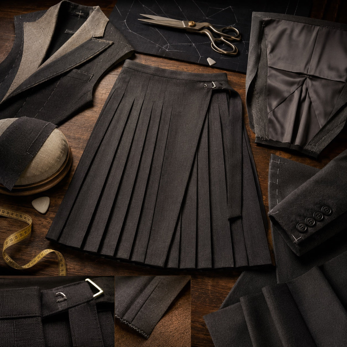 Fitzrovia box-pleated wrap skirt — Tailored Skirts by CROWN TAILORING. close detail of the fabric and finish.