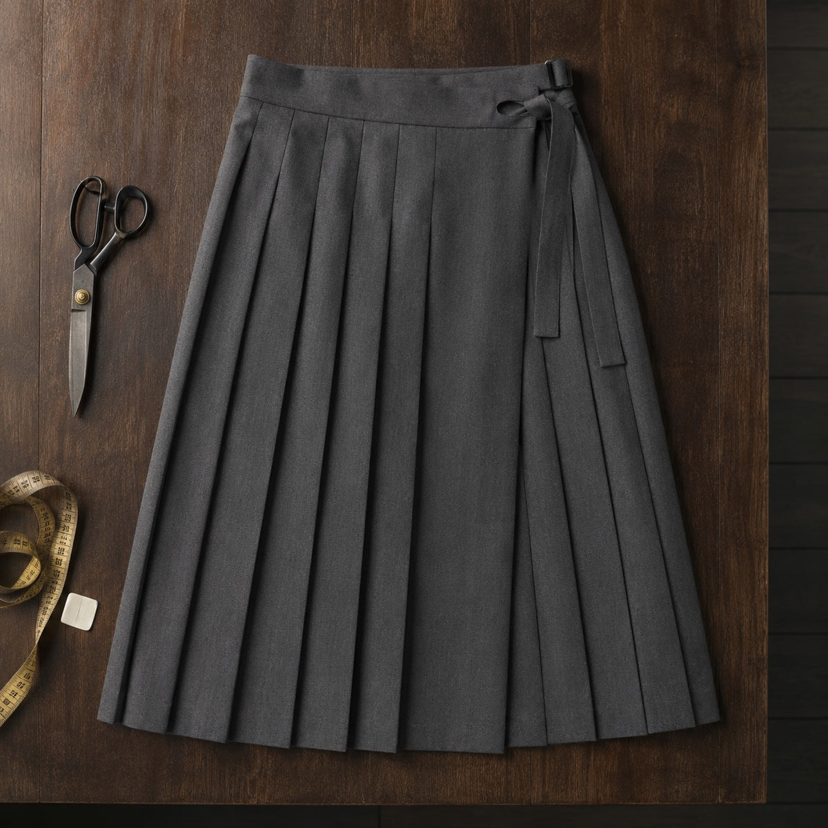 Fitzrovia box-pleated wrap skirt — Tailored Skirts by CROWN TAILORING. flat lay, front.