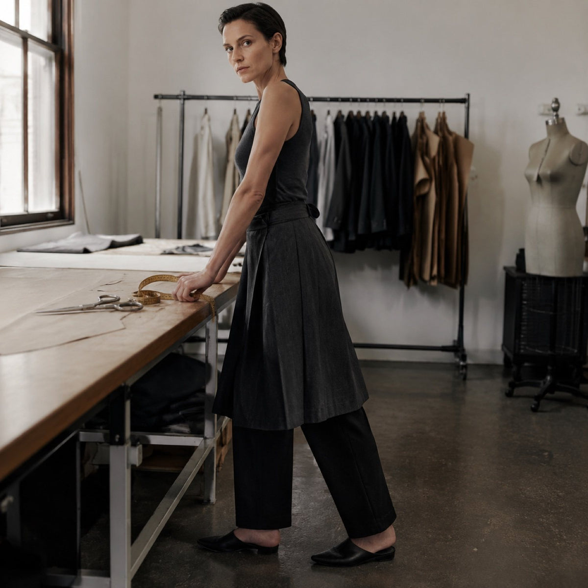 Fitzrovia box-pleated wrap skirt — Tailored Skirts by CROWN TAILORING. shown on the model from the side.