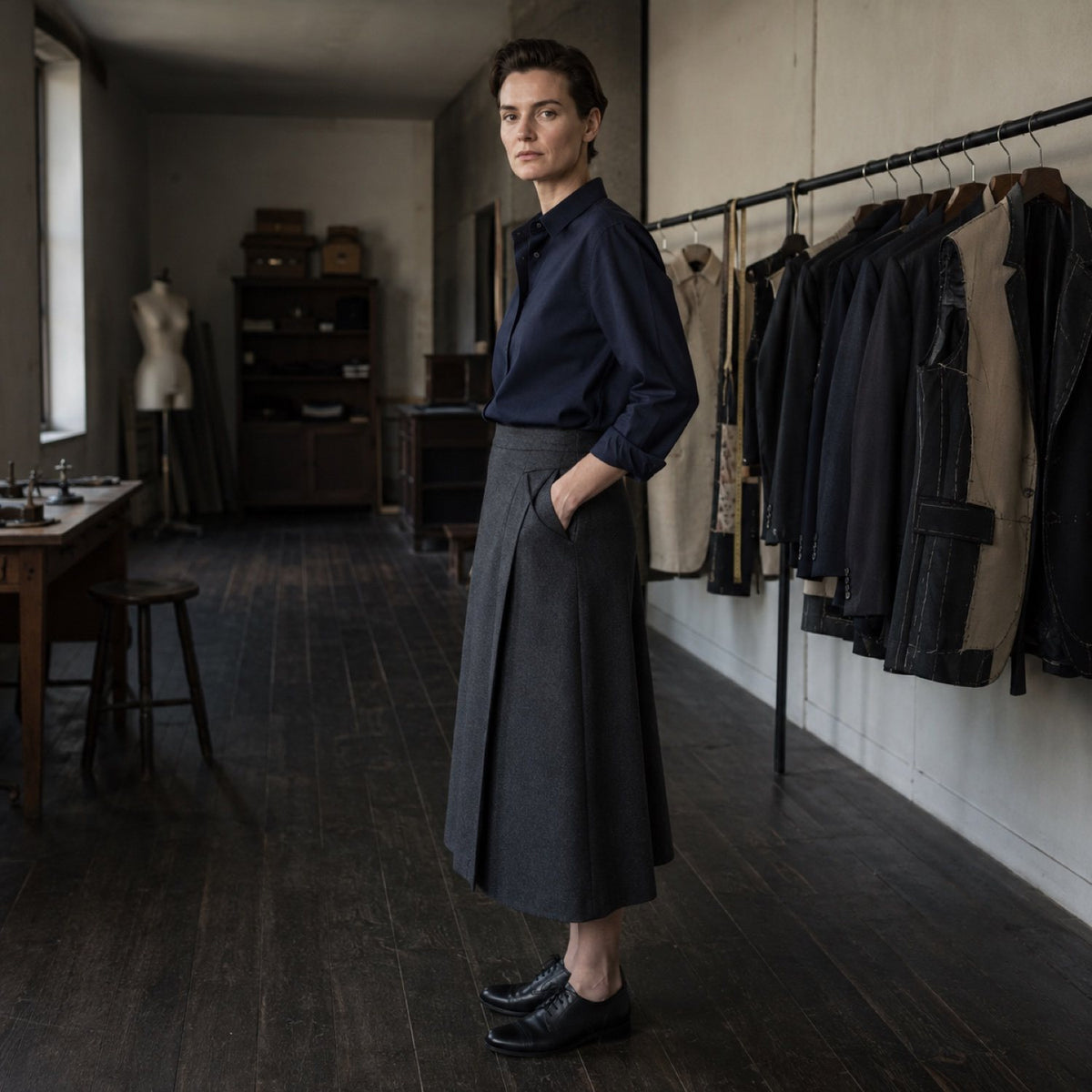 Fitzrovia A-line midi skirt — Tailored Skirts by CROWN TAILORING. shown worn.
