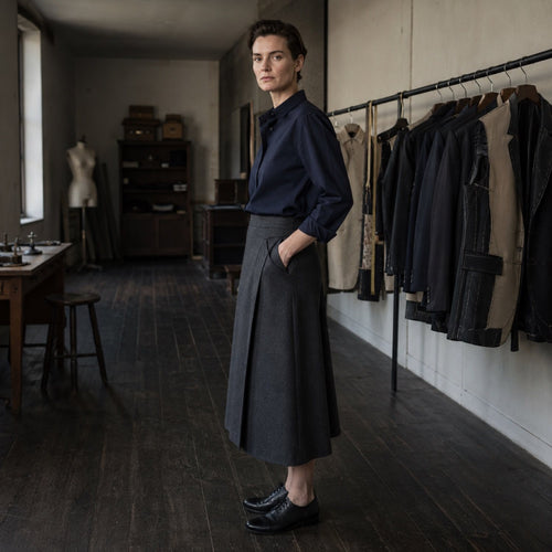 Fitzrovia A-line midi skirt — Tailored Skirts by CROWN TAILORING. shown worn.
