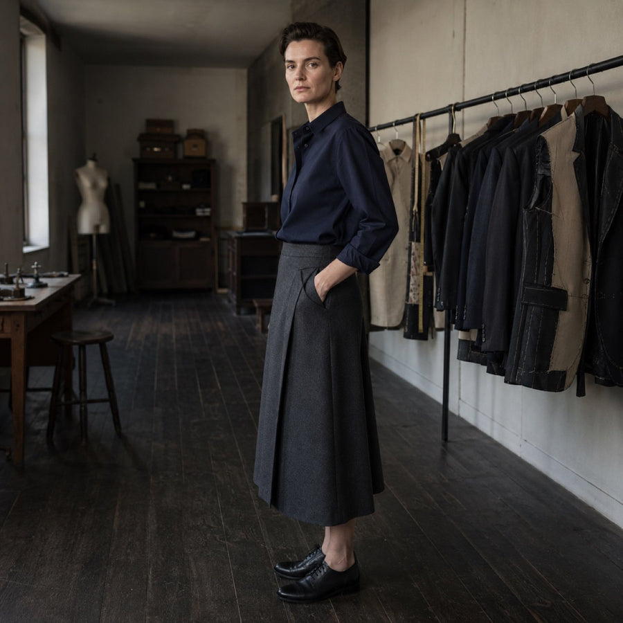 Fitzrovia A-line midi skirt — Tailored Skirts by CROWN TAILORING. shown worn.