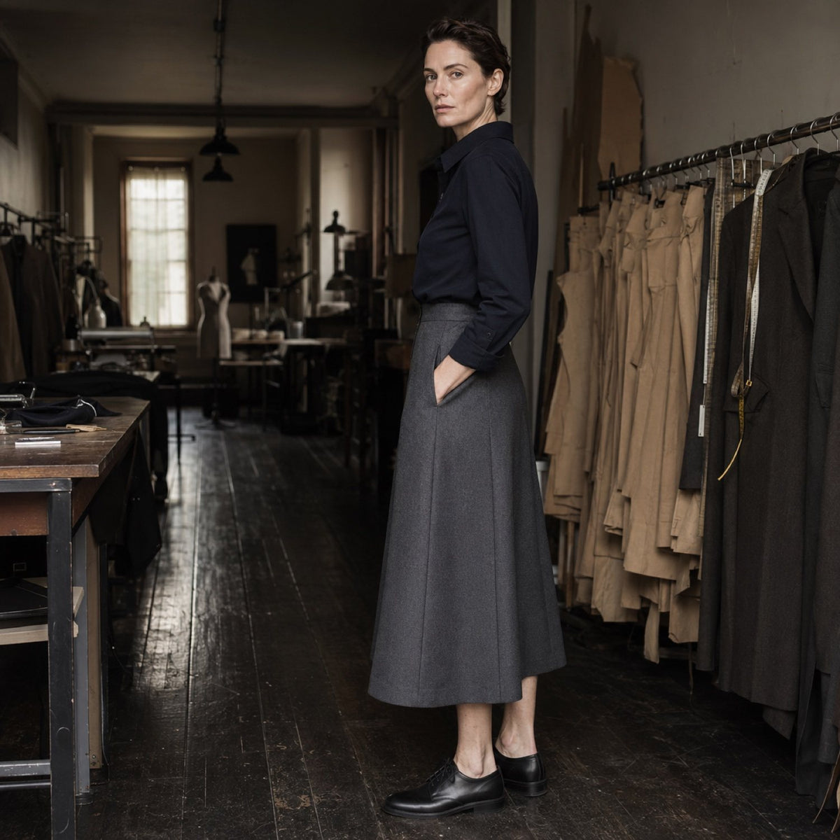 Fitzrovia A-line midi skirt — Tailored Skirts by CROWN TAILORING. shown on the model from the side.
