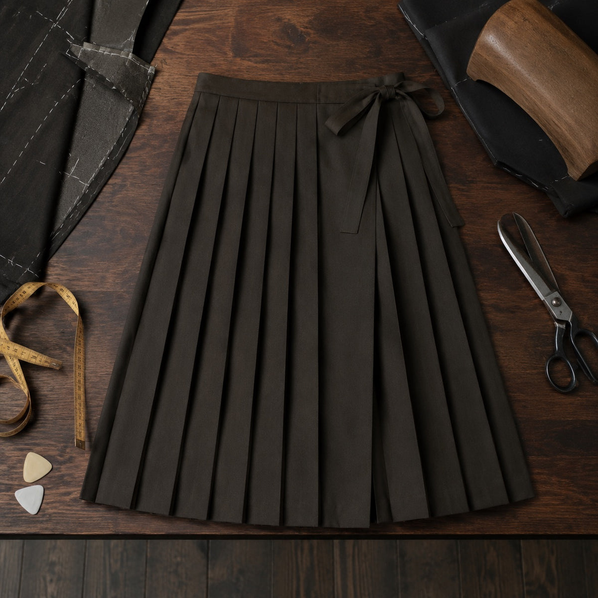 Marylebone box-pleated wrap skirt — Tailored Skirts by CROWN TAILORING. flat lay, front.
