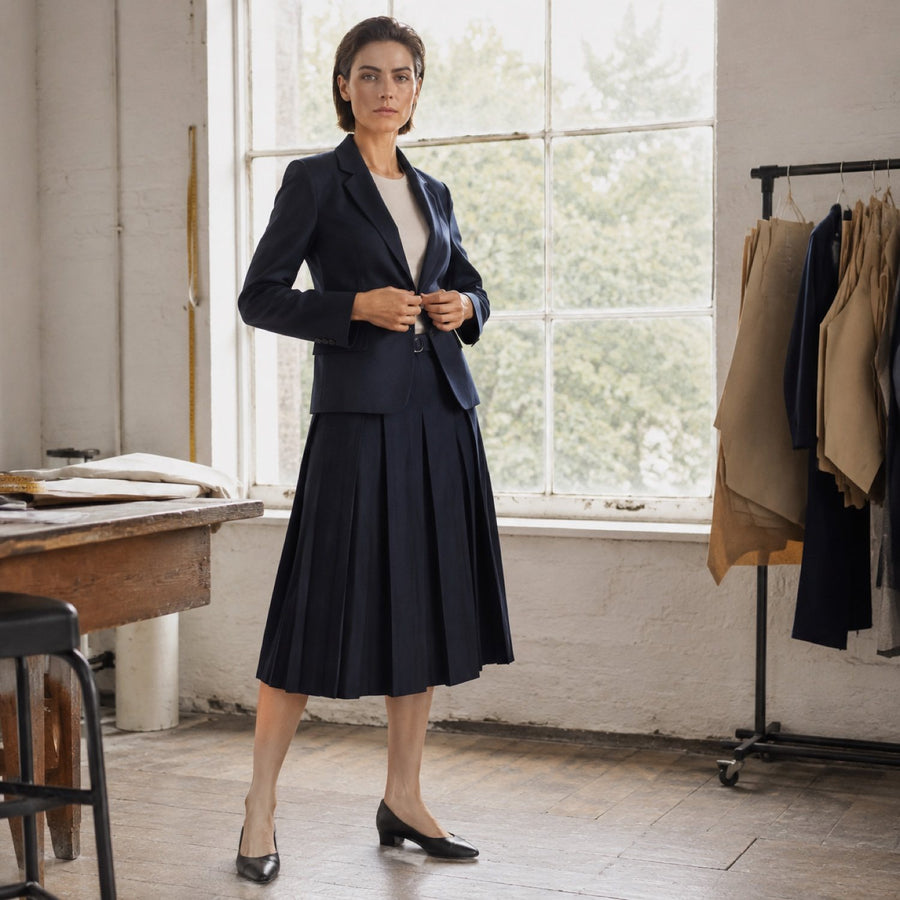 Marylebone box-pleated wrap skirt — Tailored Skirts by CROWN TAILORING. shown worn.