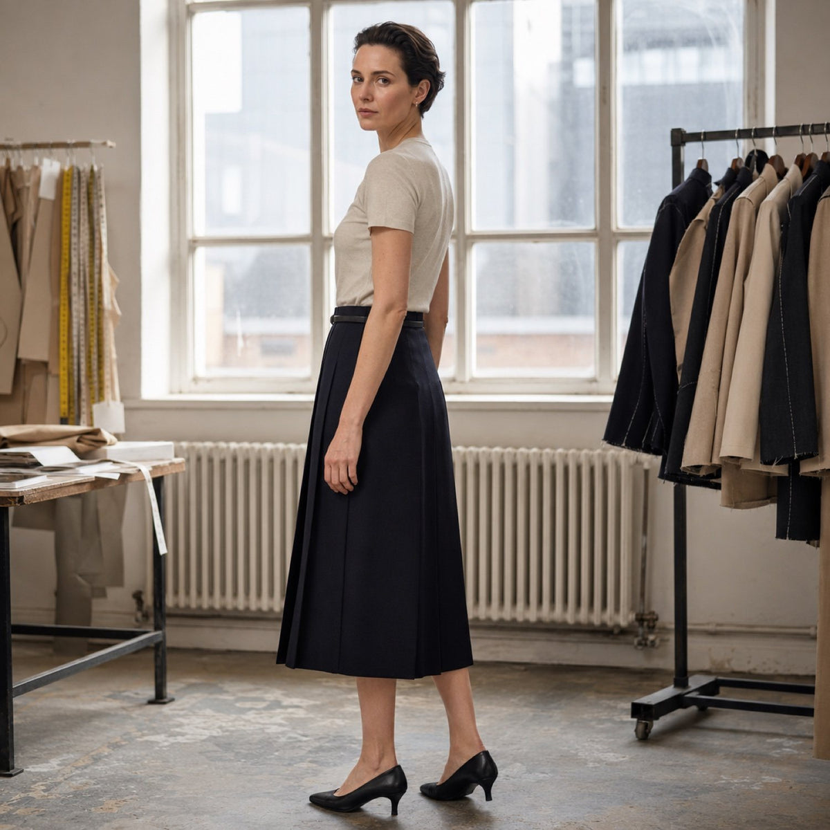 Marylebone box-pleated wrap skirt — Tailored Skirts by CROWN TAILORING. shown on the model from the side.