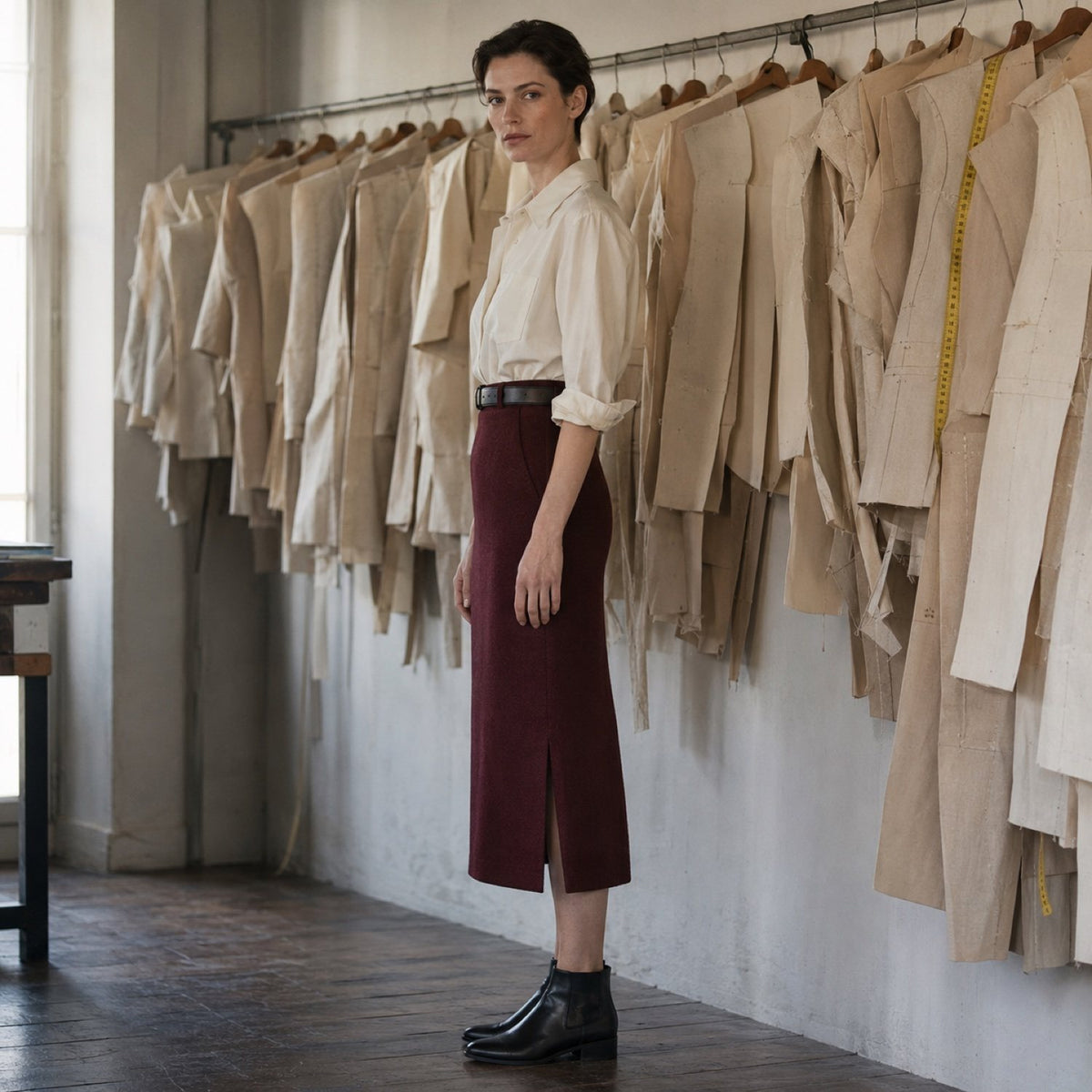 Bracken pencil skirt — Tailored Skirts by CROWN TAILORING. shown on the model from the side.