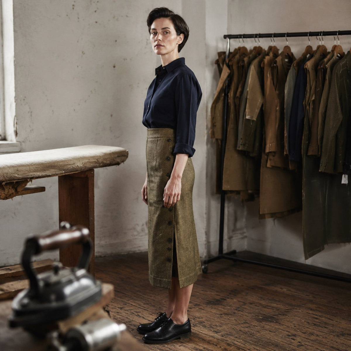 Severn pencil skirt — Tailored Skirts by CROWN TAILORING. shown on the model from the side.