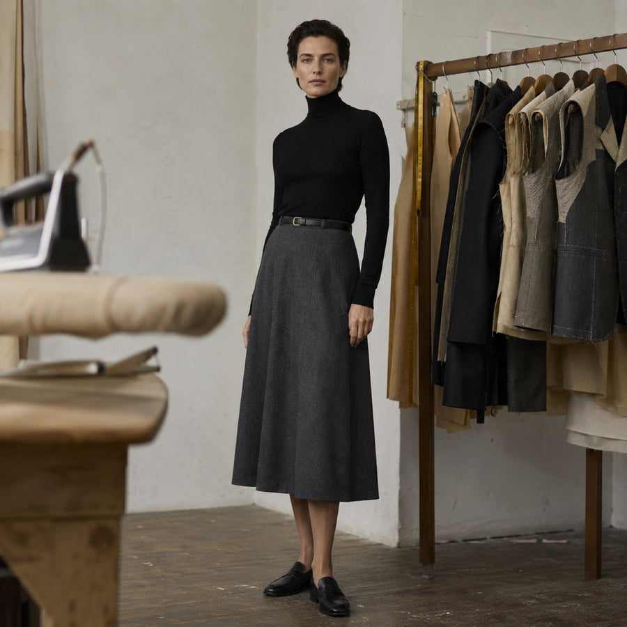 Sloe A-line midi skirt — Tailored Skirts by CROWN TAILORING. shown worn.