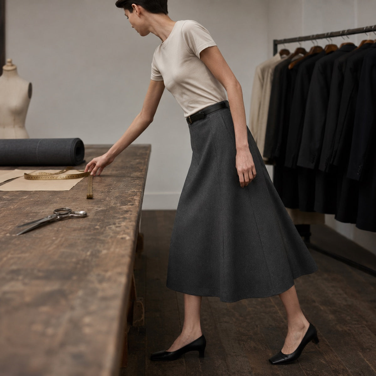 Sloe A-line midi skirt — Tailored Skirts by CROWN TAILORING. shown on the model from the side.