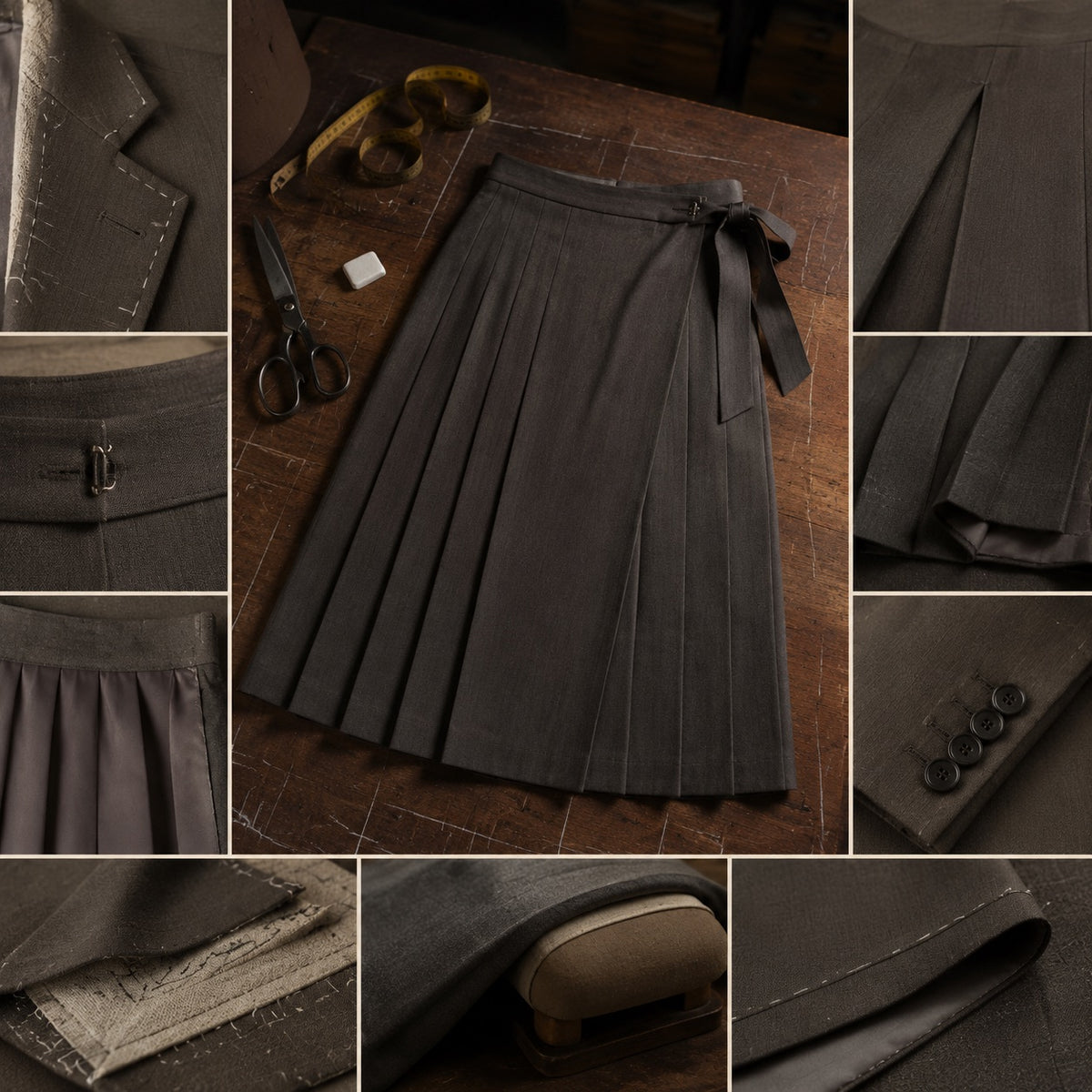 Holborn box-pleated wrap skirt — Tailored Skirts by CROWN TAILORING. close detail of the fabric and finish.