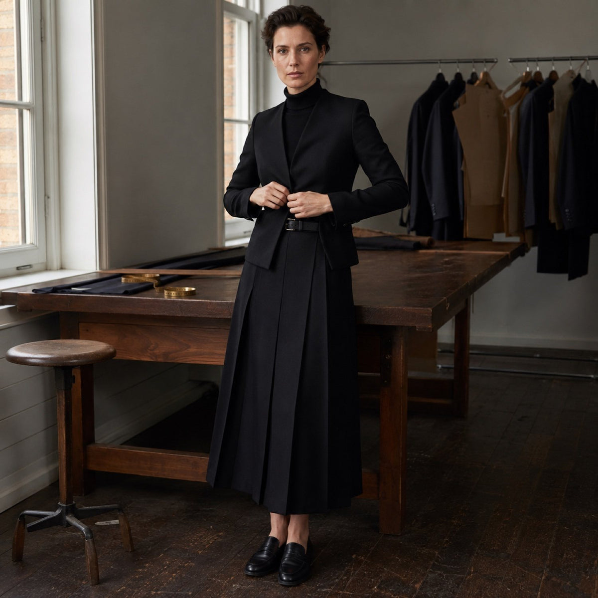 Holborn box-pleated wrap skirt — Tailored Skirts by CROWN TAILORING. shown worn.