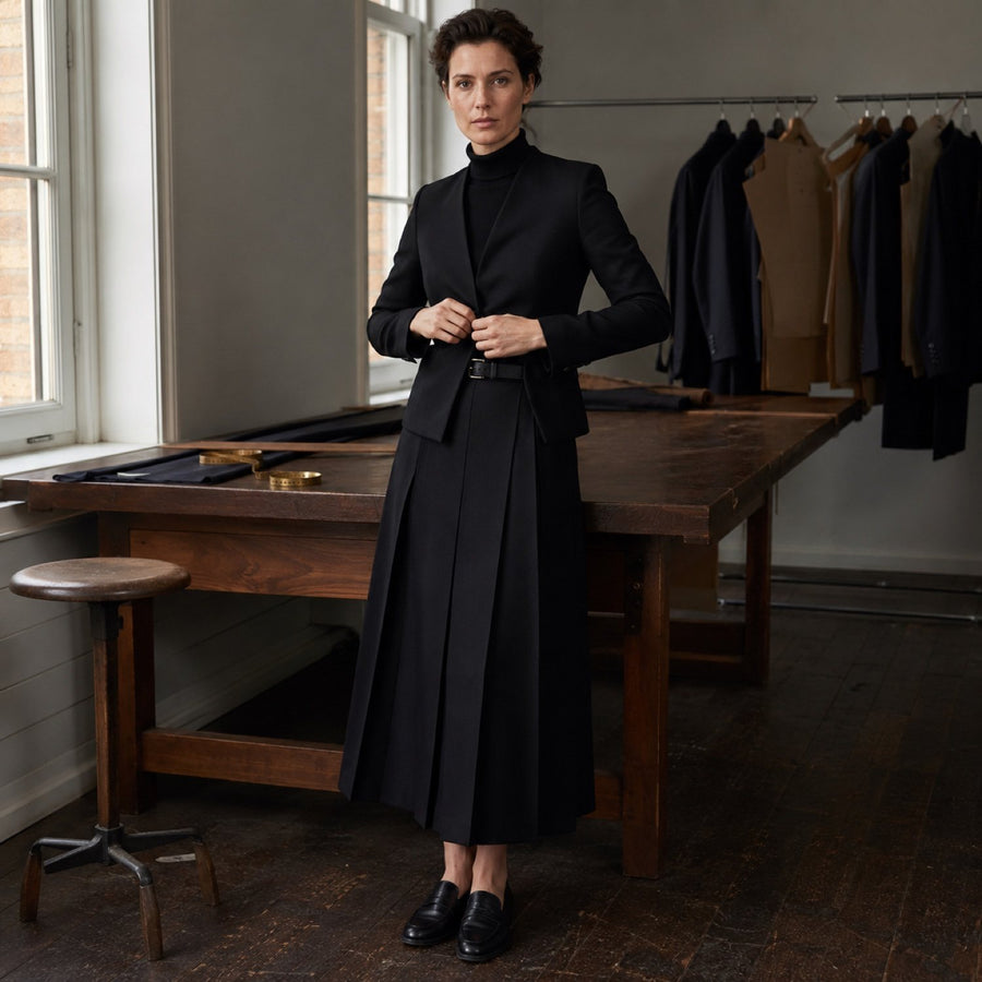 Holborn box-pleated wrap skirt — Tailored Skirts by CROWN TAILORING. shown worn.