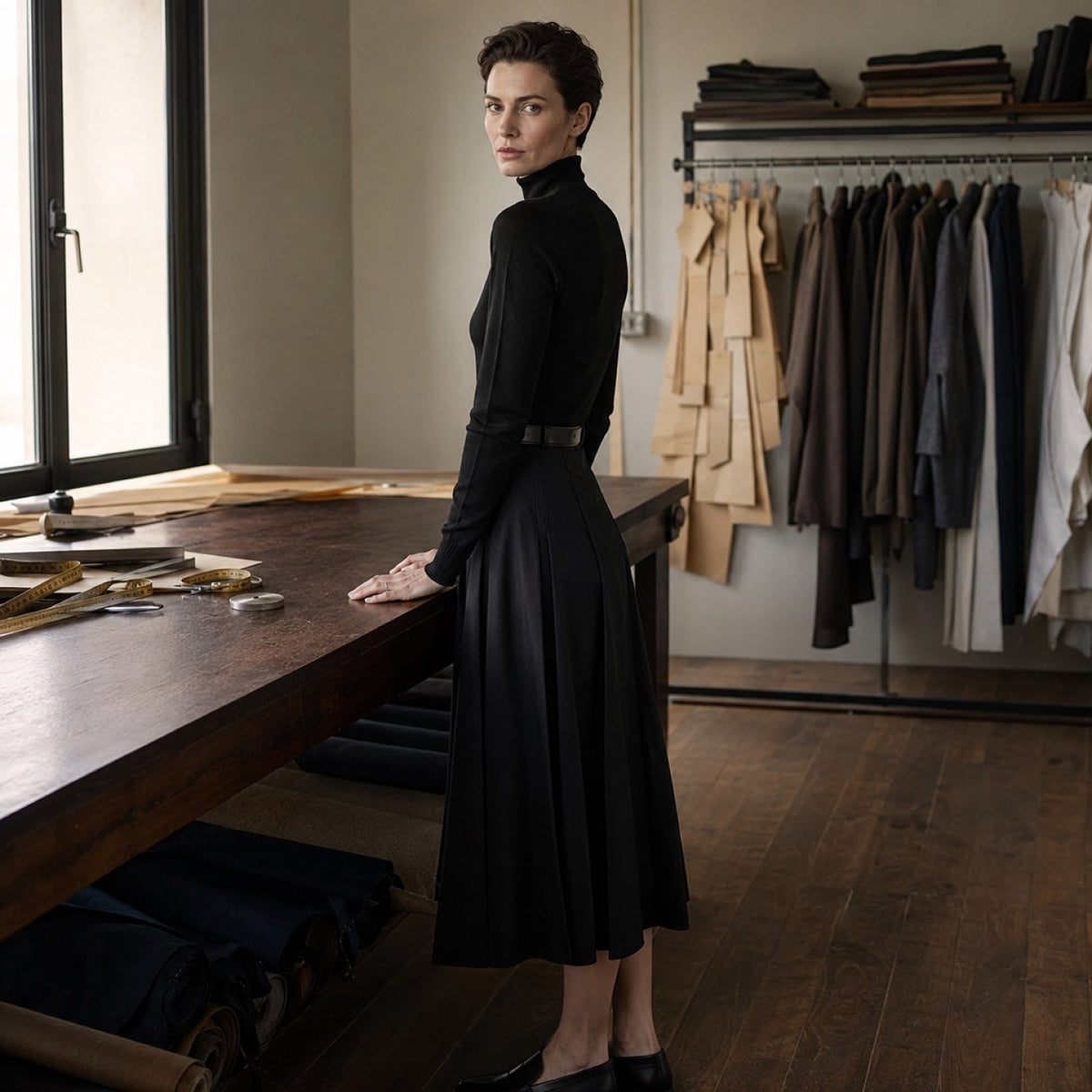 Holborn box-pleated wrap skirt — Tailored Skirts by CROWN TAILORING. shown on the model from the side.