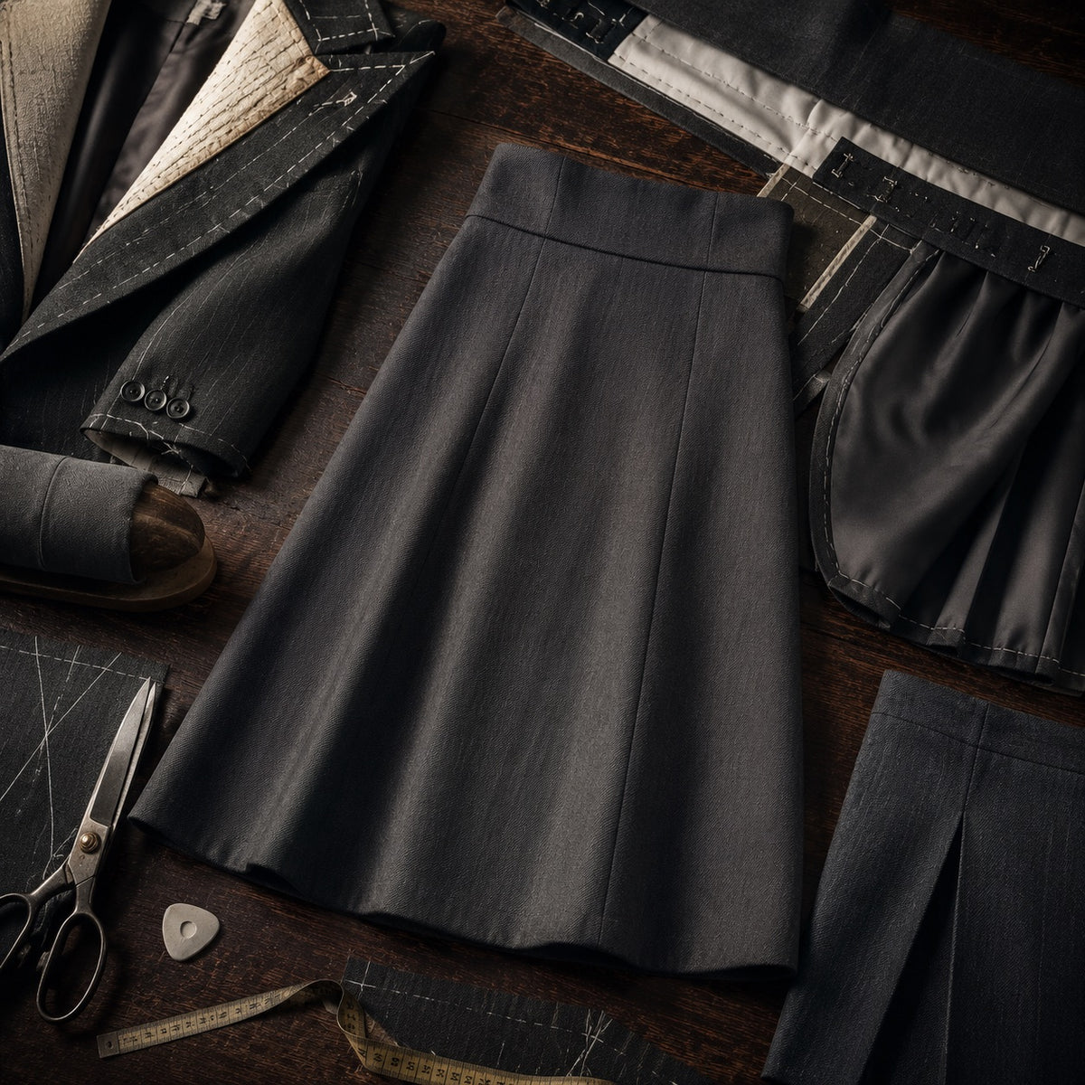 Bloomsbury A-line midi skirt — Tailored Skirts by CROWN TAILORING. close detail of the fabric and finish.