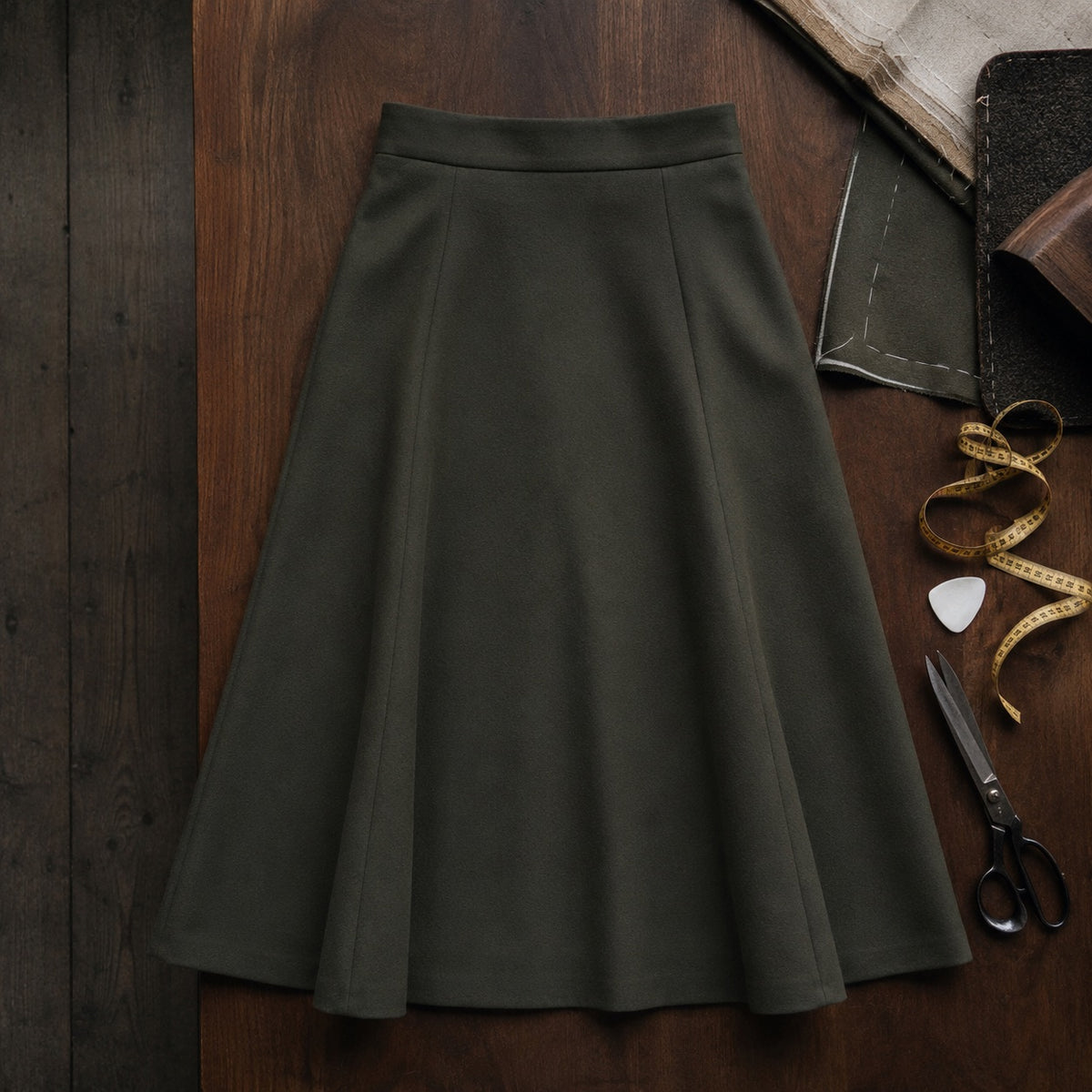 Bloomsbury A-line midi skirt — Tailored Skirts by CROWN TAILORING. flat lay, front.