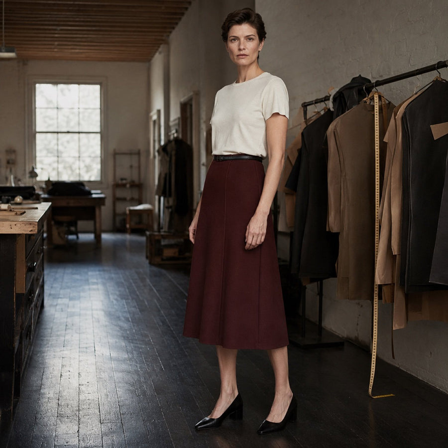 Bloomsbury A-line midi skirt — Tailored Skirts by CROWN TAILORING. shown worn.