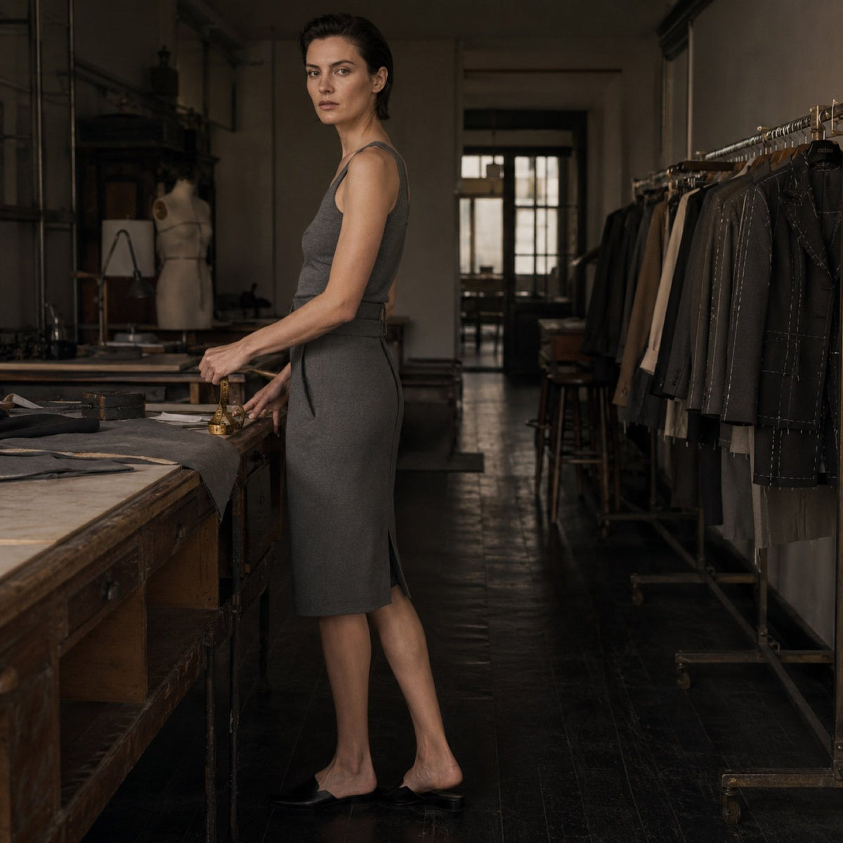 Marylebone pencil skirt — Tailored Skirts by CROWN TAILORING. shown on the model from the side.