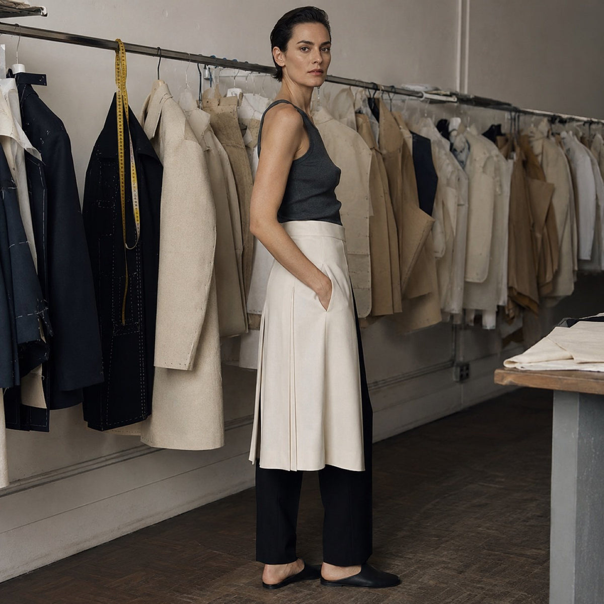 Ashdown box-pleated wrap skirt — Tailored Skirts by CROWN TAILORING. shown on the model from the side.