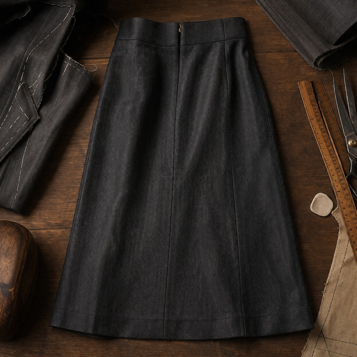 Marylebone A-line midi skirt — Tailored Skirts by CROWN TAILORING. close detail of the fabric and finish.