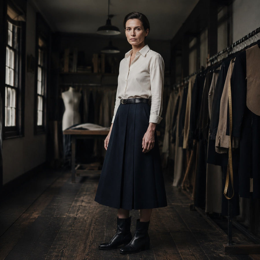 Marylebone A-line midi skirt — Tailored Skirts by CROWN TAILORING. shown worn.