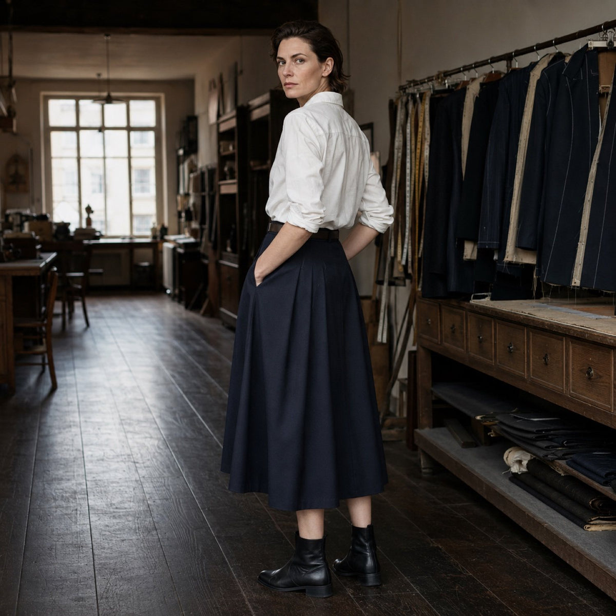 Marylebone A-line midi skirt — Tailored Skirts by CROWN TAILORING. shown on the model from the side.