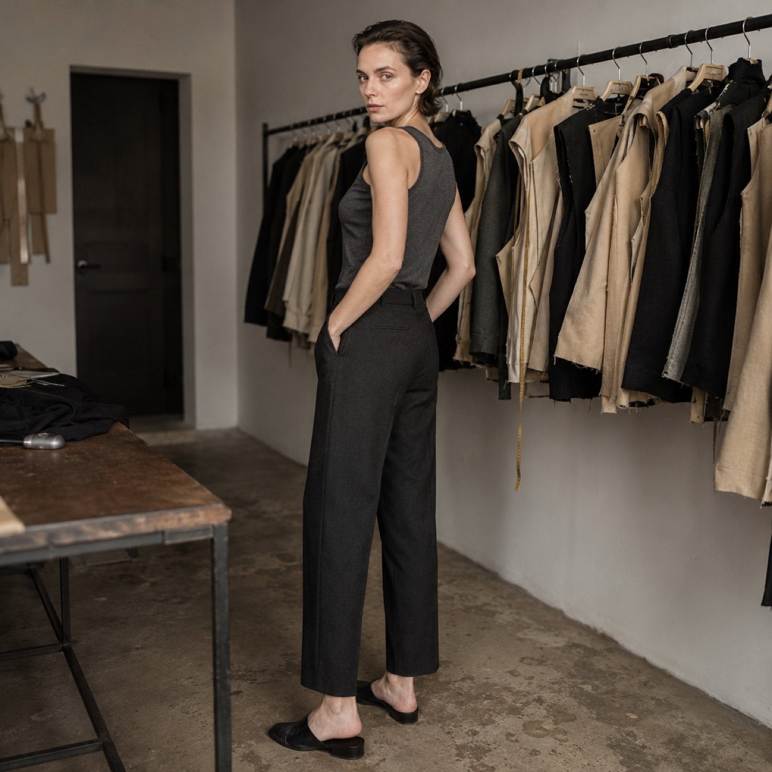 Ashdown straight-leg tailored trousers — Tailored Trousers by CROWN TAILORING. shown on the model from the side.
