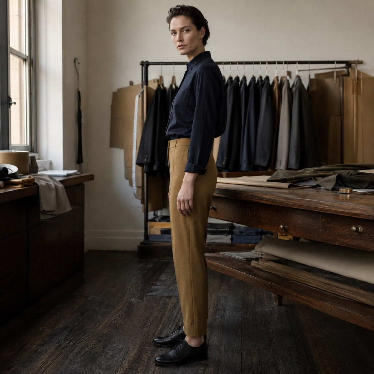 Cavendish cigarette-leg tailored trousers — Tailored Trousers by CROWN TAILORING. shown on the model from the side.