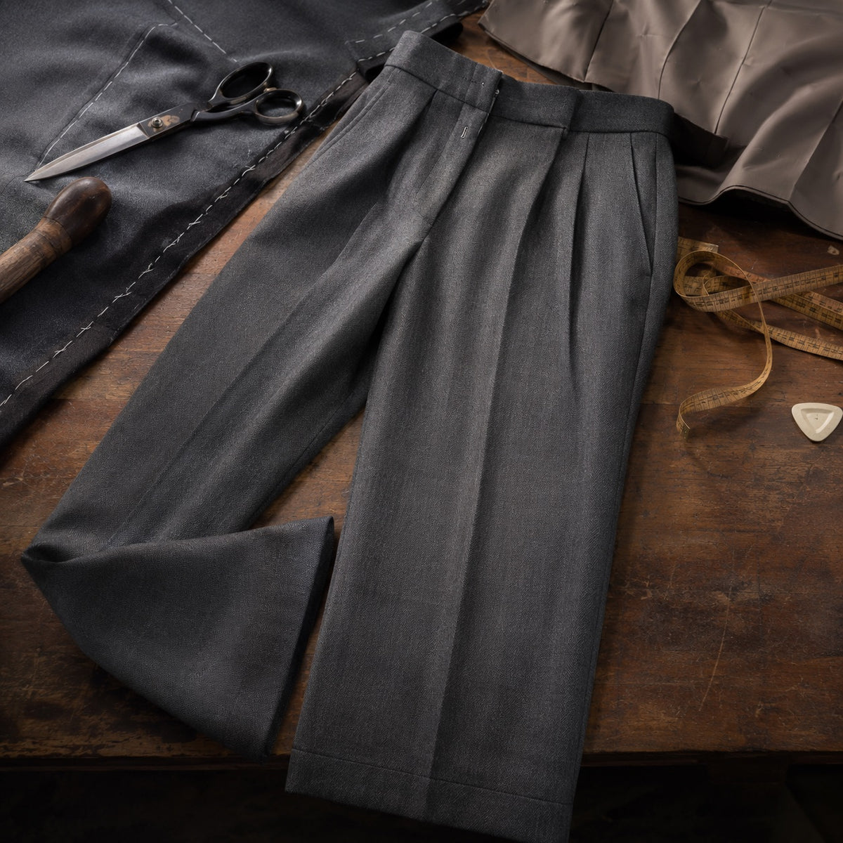 Fitzrovia wide-leg tailored trousers — Tailored Trousers by CROWN TAILORING. close detail of the fabric and finish.
