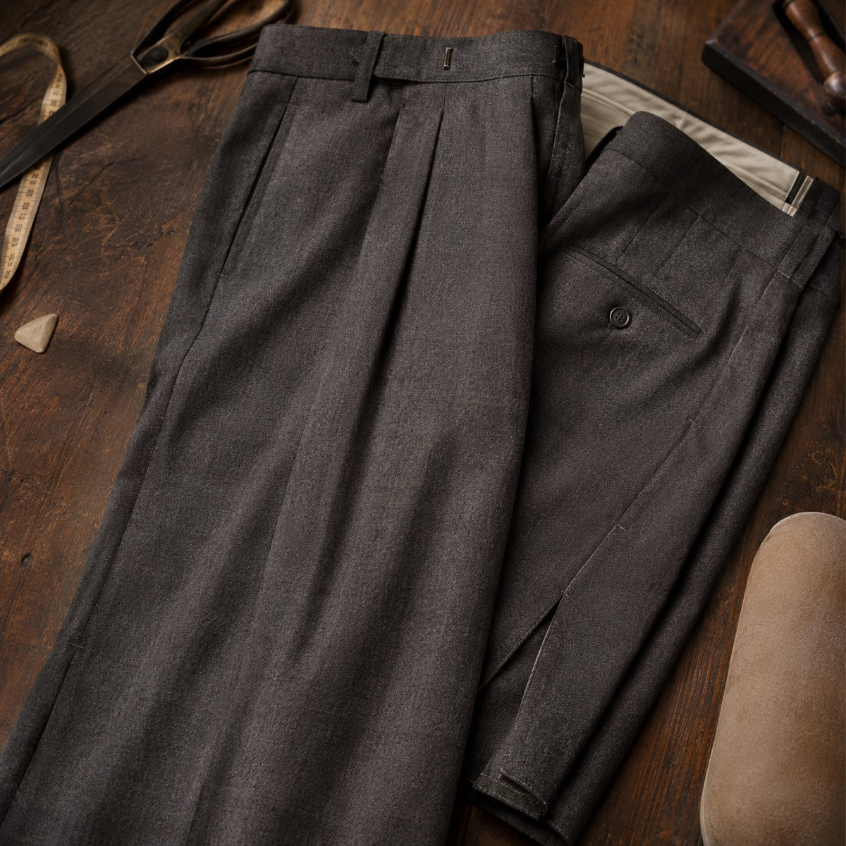 Pimlico wide-leg tailored trousers — Tailored Trousers by CROWN TAILORING. close detail of the fabric and finish.