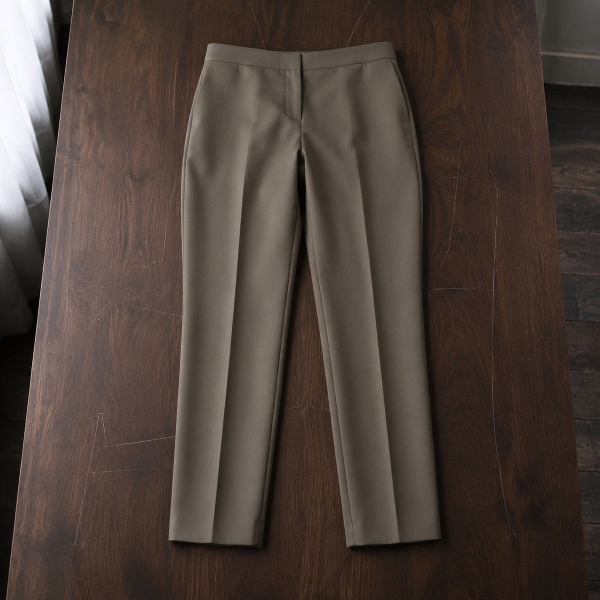 Fitzrovia cigarette-leg tailored trousers — Tailored Trousers by CROWN TAILORING. flat lay, front.