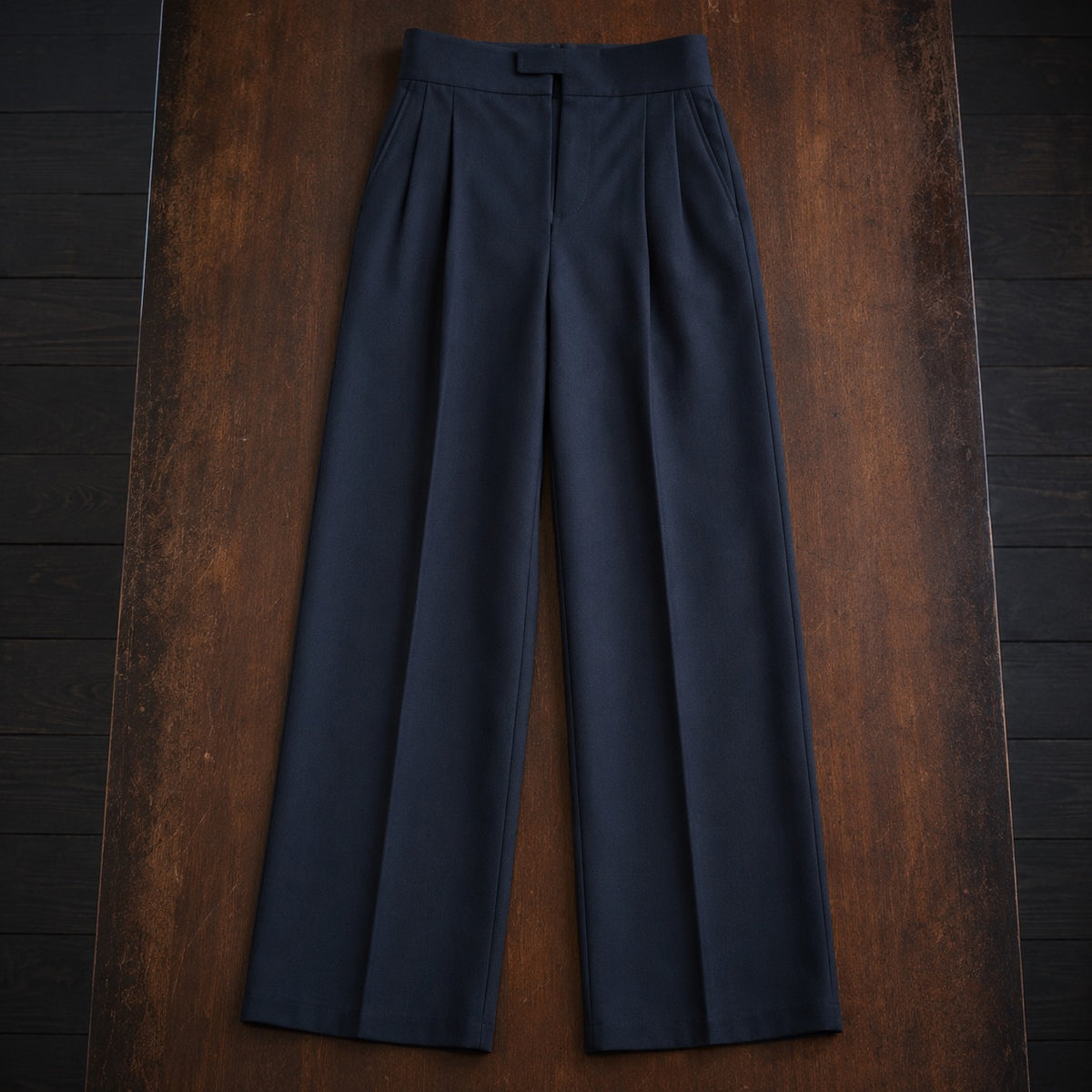 Bloomsbury wide-leg tailored trousers — Tailored Trousers by CROWN TAILORING. flat lay, front.