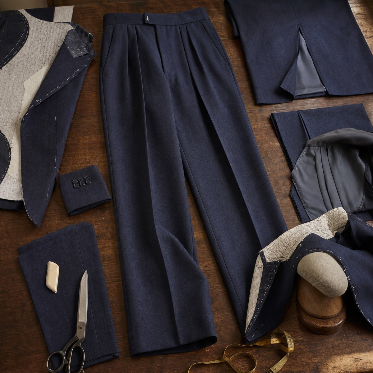 Severn wide-leg tailored trousers — Tailored Trousers by CROWN TAILORING. close detail of the fabric and finish.