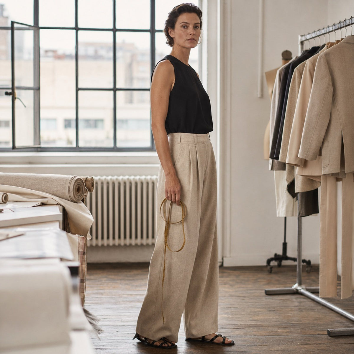 Severn wide-leg tailored trousers — Tailored Trousers by CROWN TAILORING. shown on the model from the side.