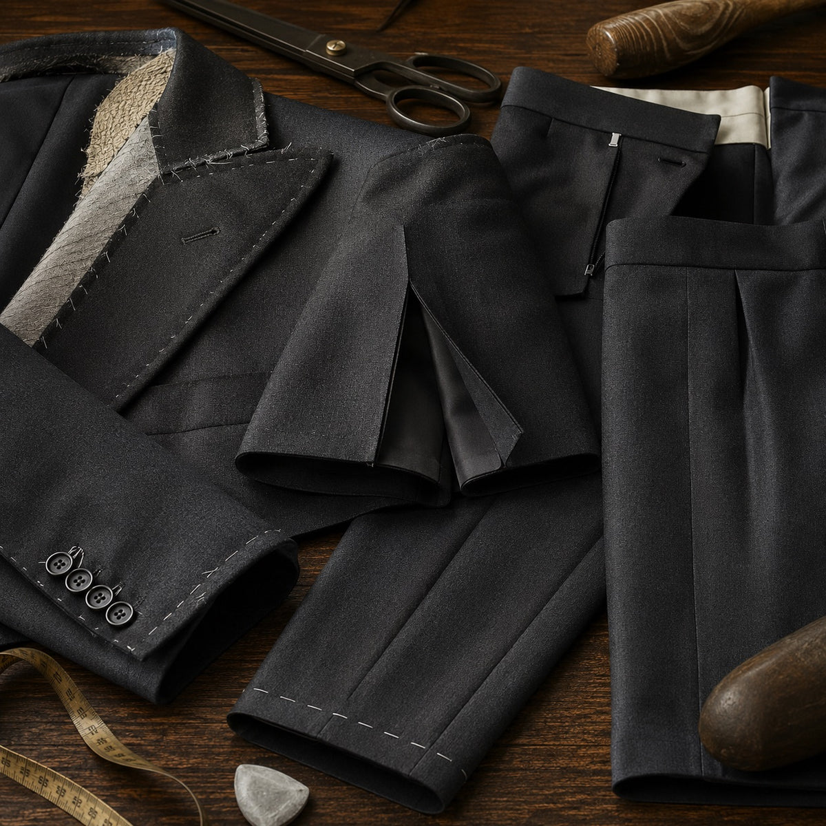 Yarrow cigarette-leg tailored trousers — Tailored Trousers by CROWN TAILORING. close detail of the fabric and finish.