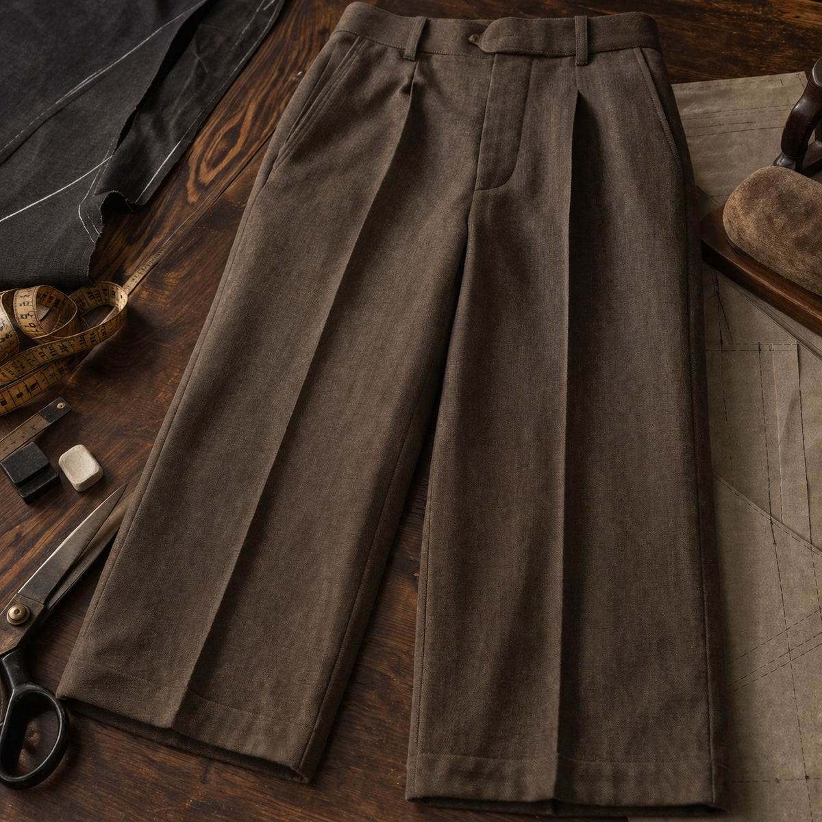 Dartmoor wide-leg tailored trousers — Tailored Trousers by CROWN TAILORING. close detail of the fabric and finish.